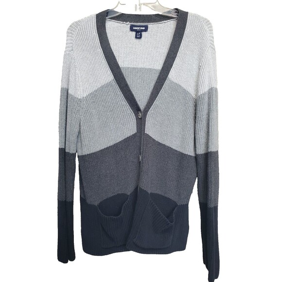 Land's End Drifter Women's Cotton Colorblock Button-Up Cardigan Size LP - Picture 1 of 7